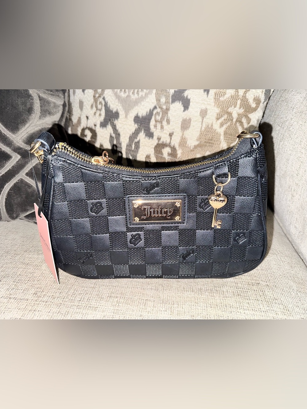 Juicy Couture Black Embossed Checker Shoulder Bag with Gold Accents